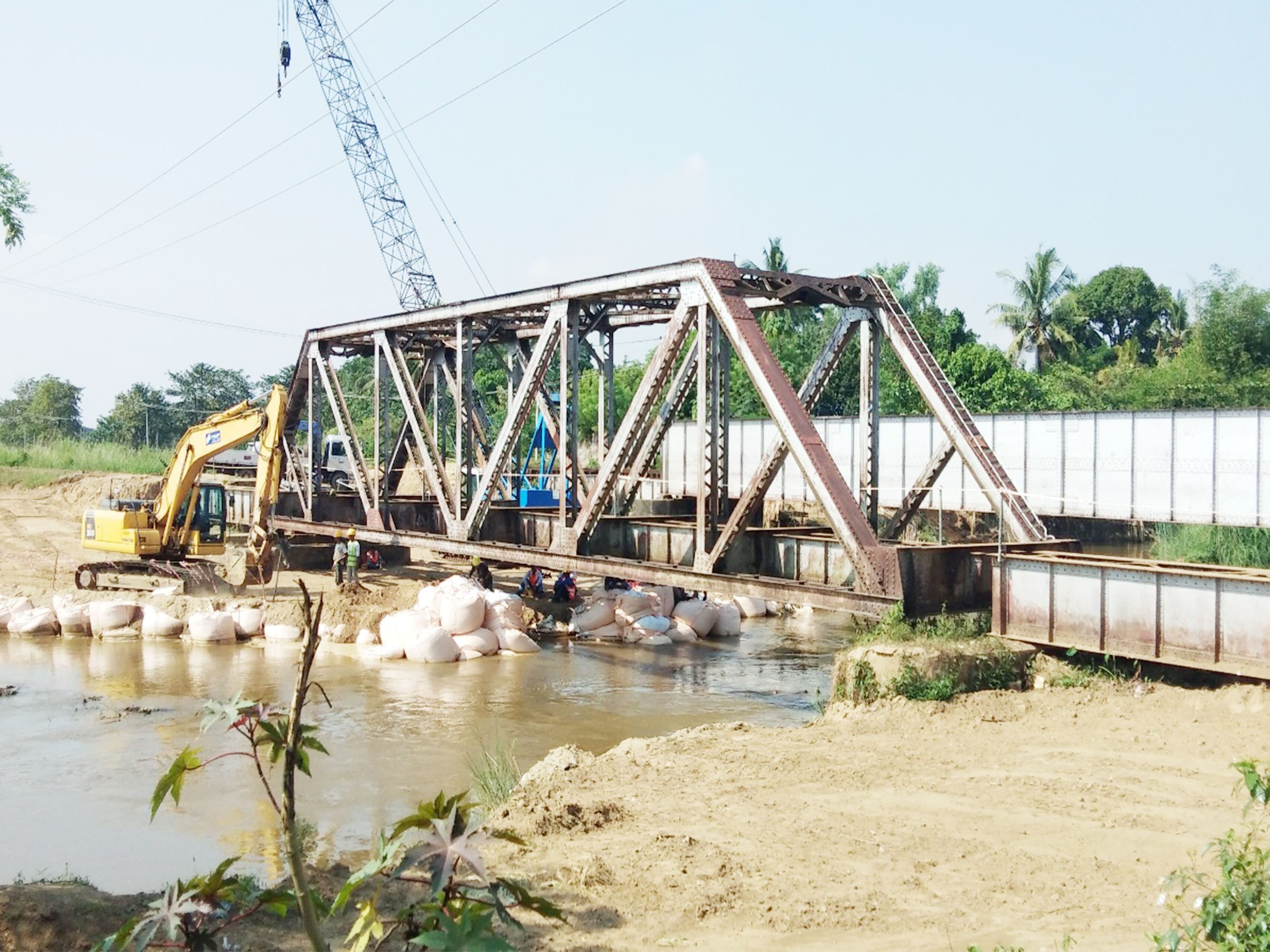 Yangon-Mandalay Railway bridge works, spanning a flooded river crossing